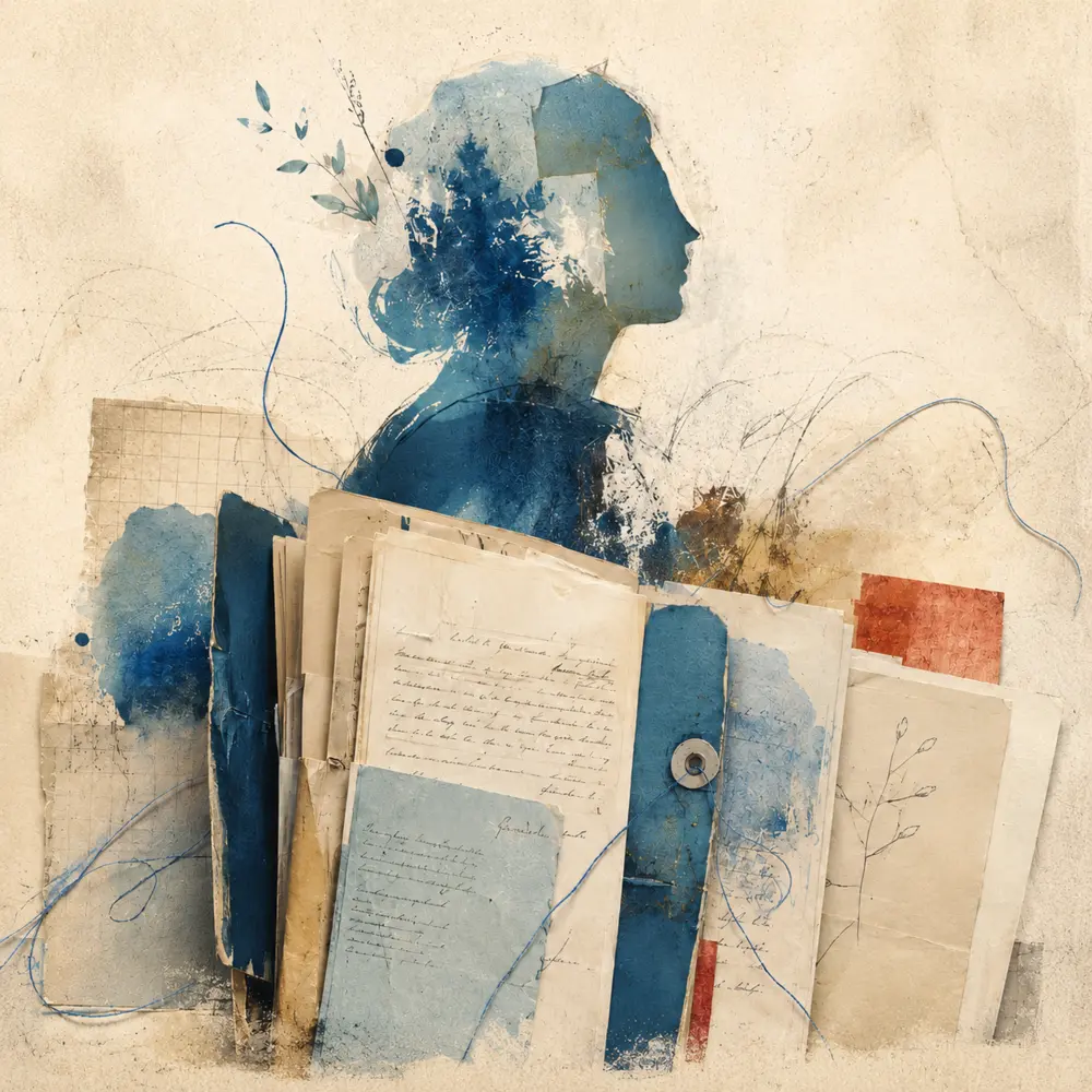 Illustrazione artistica con un profilo umano, carte d’archivio e fili blu